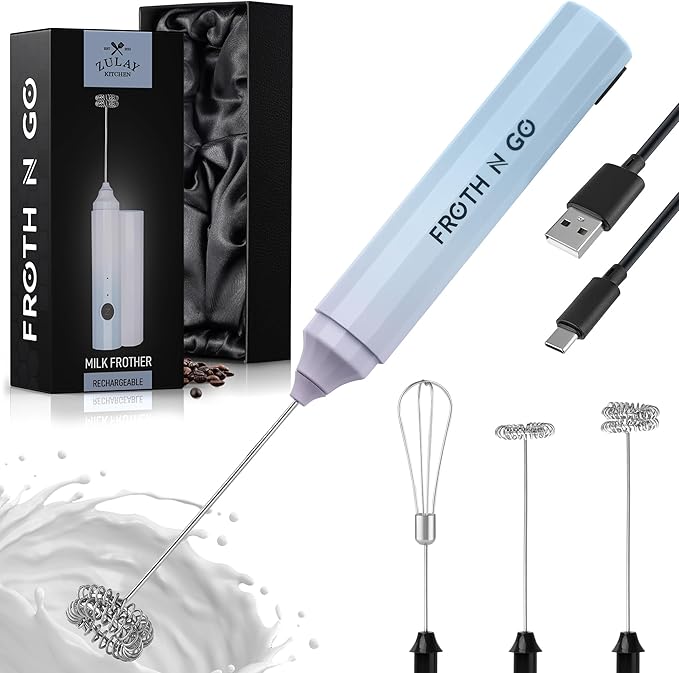 Zulay Froth N Go Milk Frother Rechargeable - 3-in-1 Frother Wand With Case & USB-C Charger - Comes With 3 Whisk Attachments for Latte, Cappuccino, Matcha, Protein Shakes - Cloud