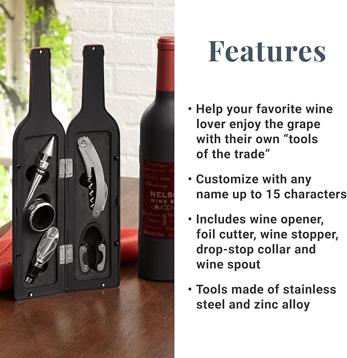 Let's Make Memories Personalized 5 Piece Tool Set - Wine Talk - Wine Bottle Opener - Unique Bar Accessories - Bottle-Shaped Holder - Personalize with Name