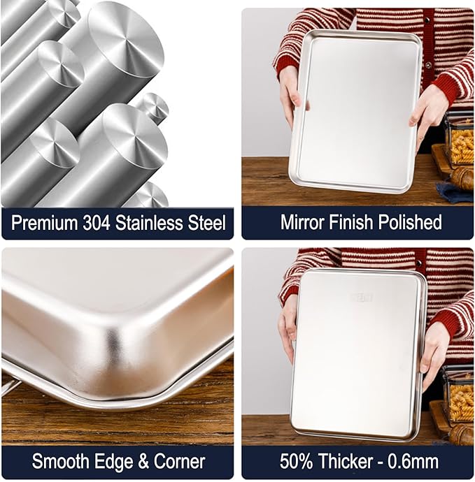 Extra Small Serving Tray in Bulk Stainless Steel 304 Little Tiny Baking Sheet Pans 9.3 x 6.9 x1.1Inch (Diagonal 10.63) Dishwasher Safe No Rust Reheat Food for 1~2 Person 12 Pack