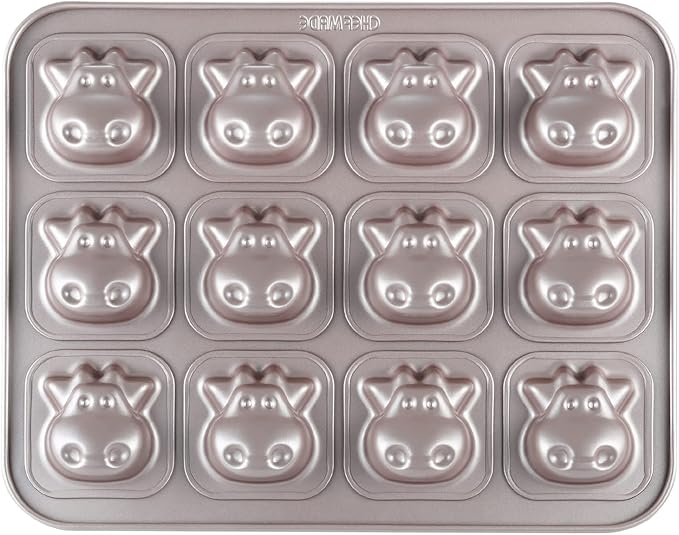 CHEFMADE Cows Cake Pan, 12-Cavity Non-Stick Animal Muffin Bakeware for Oven Baking (Champagne Gold)
