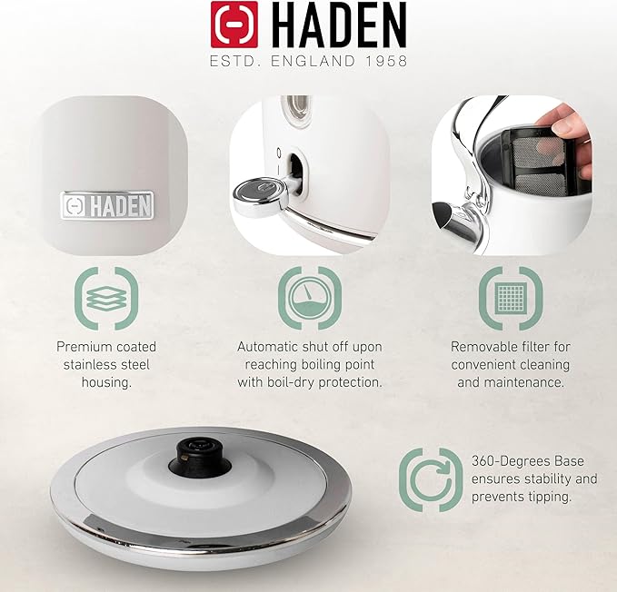 Haden Heritage Stainless Steel Body Retro Electric Tea Kettle, White and Haden Heritage 4 Slice Wide Slot Stainless Steel Retro Toaster, White