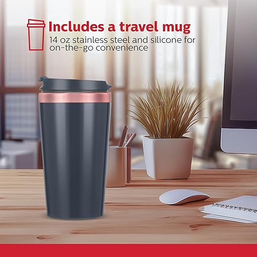 Holstein Housewares Personal Coffee Maker with 14oz Travel Mug – Compact One-Touch Brew Machine with Reusable Filter, Auto Shut-Off, Non-Stick Plate, Ideal for Home, Office, or Dorm. Rose Gold & Grey
