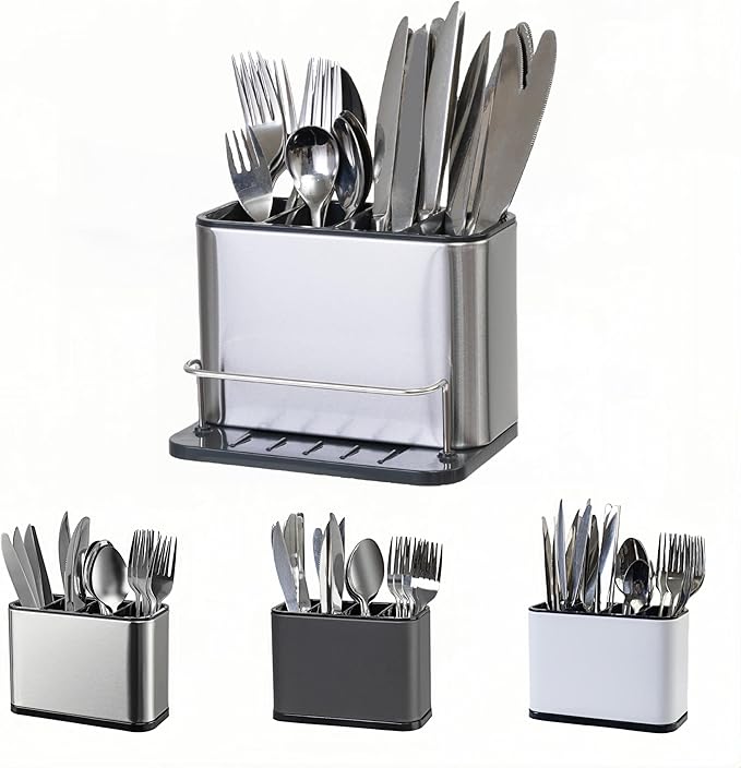 Silverware Organizer Kitchen Utensil Holder For Counter Stainless Steel Caddy 4 Compartments Organizer Capacity Flatware Spoon Fork Tool Cutlery Holder