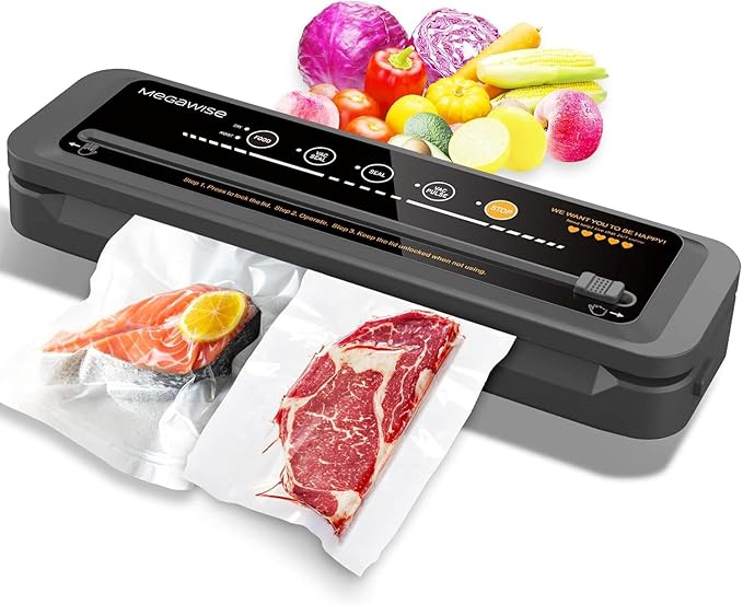 MegaWise Food Vacuum Sealer Machine – High-Power 80kPa Suction, One-Touch Operation, Built-in Cutter – Works with All Food Types, Includes Bags & Hose (Black), Keeps Food Fresh 5x Longer