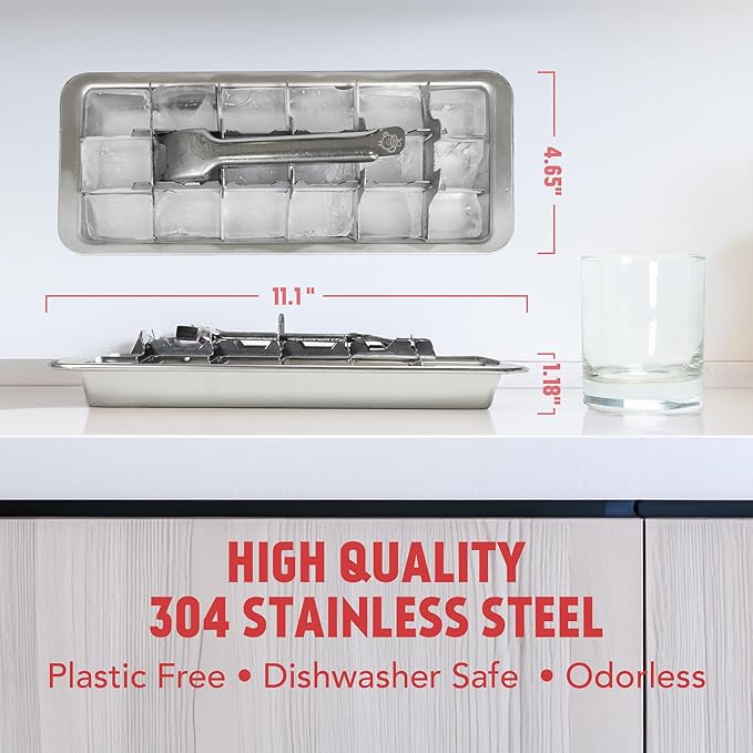 Stainless Steel Ice Cube Tray with lever (11", 18 cubes), Classic Metal Ice Cube Trays for Freezer, Vintage & Retro, Non Toxic, Plastic Free, Dishwasher safe