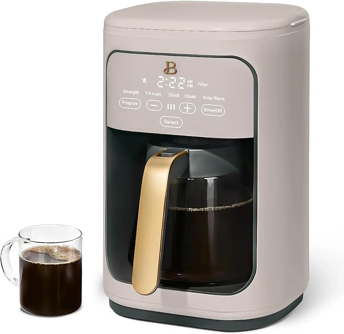 Beautiful by Drew Barrymore 14-Cup Programmable Drip Coffee Maker, Touch-Activated Display, Fast 14-Min Brew, Bold Strength, Keep Warm 4 H, Gold Filter (Porcini Taupe)