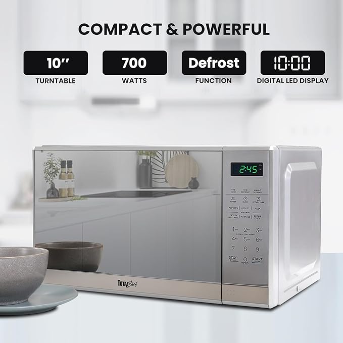 Total Chef 0.7 Cu Ft Microwave Oven - Countertop Small Kitchen Appliance, Stainless Steel Microwave with Digital Touch, Pre-Set Functions, 10” Turntable, 700 Watt