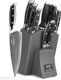 Damascus Kitchen Knife Set with Block - Razor Sharp 67-Layer VG10 Steel, Triple Rivet Handles, Chef, Santoku, Utility, Bread & Paring Knives, Sharpener, Shears, Grey, 9 Pcs