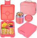 Bento Lunch Box Set for Kids with 10oz Soup Thermo, Leak-Proof Lunch Containers with 4 Compartment, Kids Thermo Hot Food Jar and Insulated Lunch Bag for Kid to School,BPA-Free(Pink)