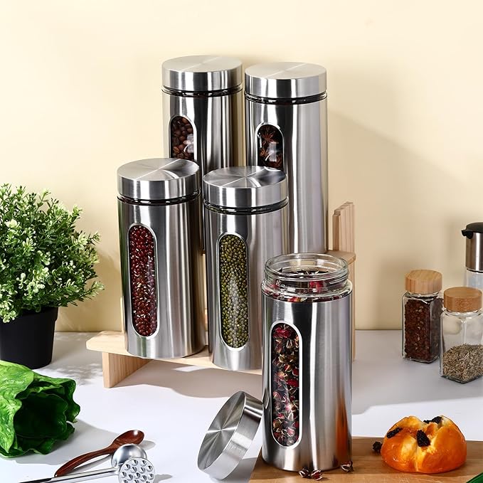 Mimorou 6 Pack Kitchen Canisters Set Airtight Coffee Sugar Tea Candy Storage Jars with Window Glass Stainless Steel Containers with Lids for Flour Cookies Spices Grains Kitchen Decorations(44 oz)