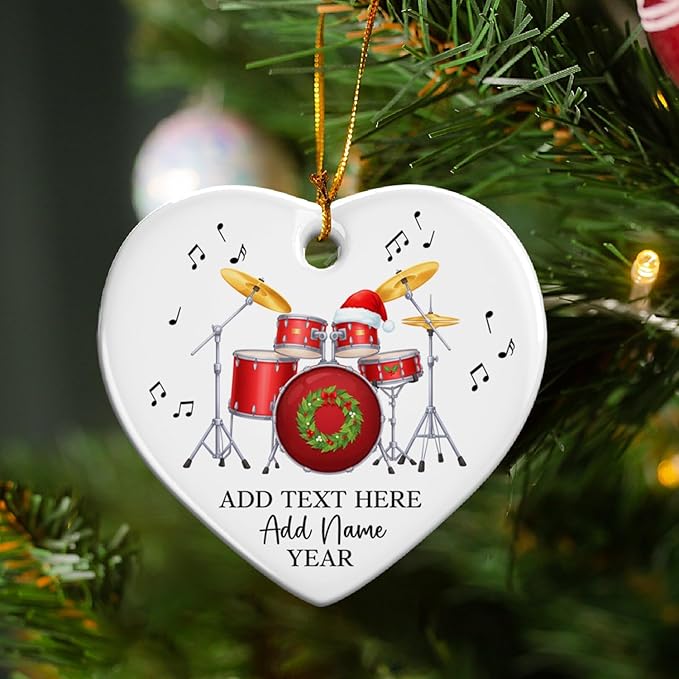 Personalized Drum Set Christmas Ceramic Ornaments 2025, Drummer Christmas Ornament for Men Women, Drum Xmas Tree Ornament with Custom Text Name & Year, Xmas Decor Gift for Drummer Band Music