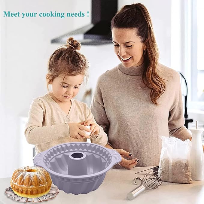Kenond 9.5 Inch Silicone Cake Pans, Non-stick Fluted Cake Pan with Sturdy Handle, Cake Baking Molds, Perfect Bakeware for Cake, Jello, Gelatin, Bread, Para Gelatinas (Gray)