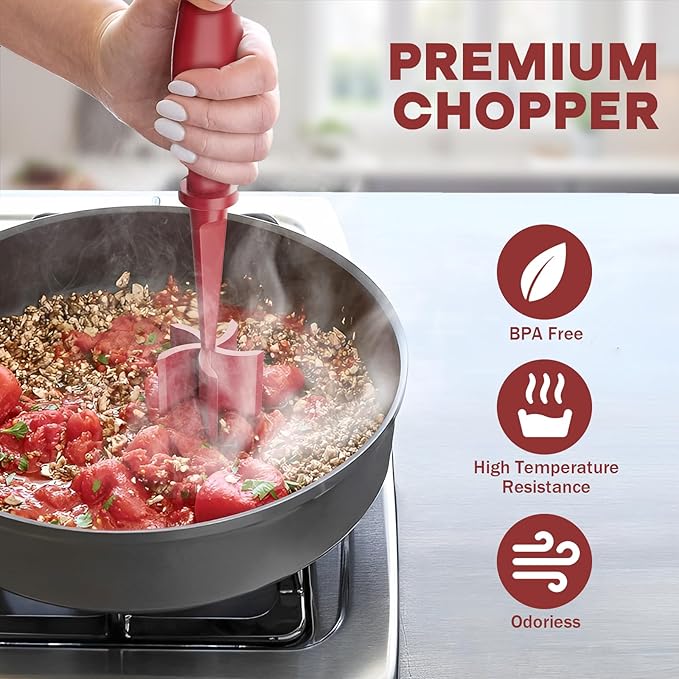 2 Pcs Meat Chopper, Upgrade Hamburger Grinder, Premium Heat Resistant Meat Masher for Ground Beef, Ground Turkey and More, Non Stick Mix Chopper, Hamburger Smasher Safe-Red