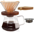 Pour Over Coffee Maker Set 400ml Portable with 50 Pcs Filter Paper Glass Coffee Maker High Borosilicate Glass Eagle Beak Spout Design Walnut Wood Base for Pour Over Dripper for Daily Brewing