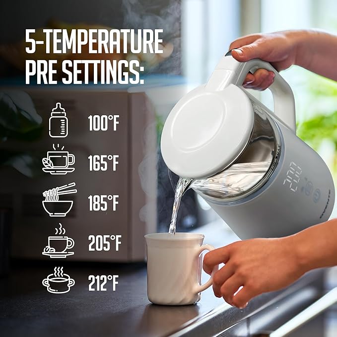 OVENTE 1L Small Electric Kettle with 5 Temperature Preset, Digital Display, 5Hr Keep Warm, Auto Shut-Off, Double-Wall Cool Touch Exterior, Borosilicate Glass,1500W BPA Free Water Boiler, White KD95W