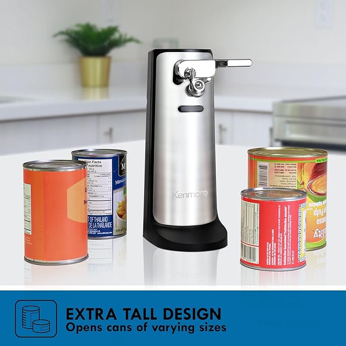 Kenmore Electric Can Opener - Arthritis-Friendly, Bottle Opener, Knife sharpener, Latas Abrelatas, Cord Storage, Automatic Countertop Appliance Stainless Steel Detachable Cutting Lever