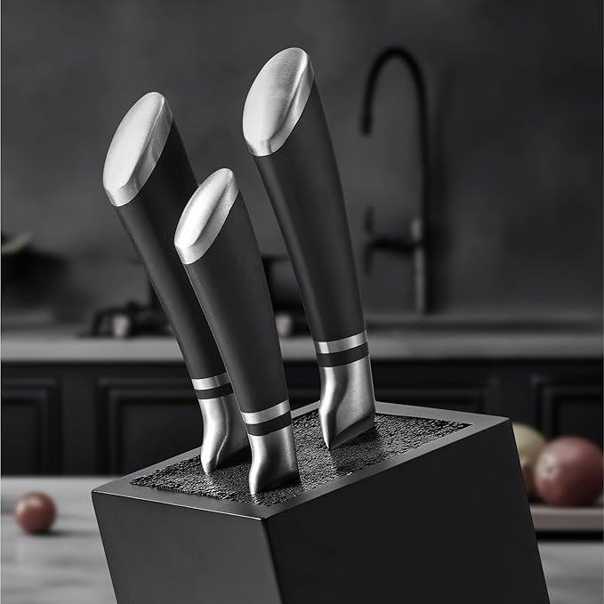 Navaris Knife Block, Black - Universal Knife Storage Solution - Bamboo Kitchen Knives Holder with Bristles - Tilted Storage for Easy Access - Removable Insert for Easy Cleaning
