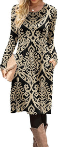 DB MOON Women Casual Long Sleeve Dresses Empire Waist Knee Length Loose Dress with Pockets