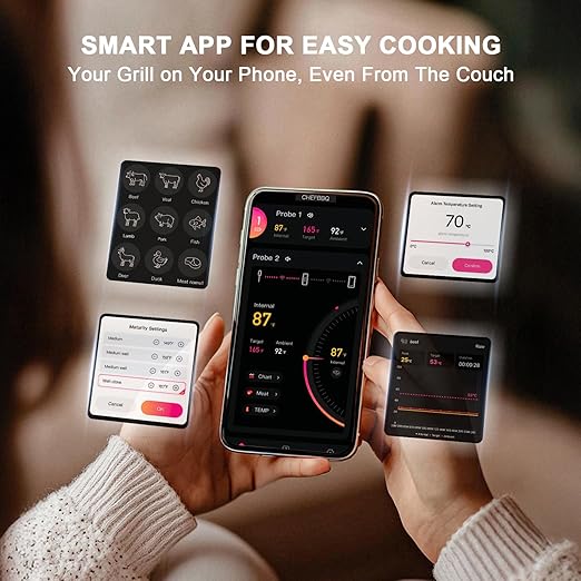 Wireless Meat Thermometer with Smart Timer & APP Alerts, 800ft Bluetooth Grill Food Thermometer, 4 X 0.19In Ultra Thin Probes, ±0.5℉ Accuracy, Big Digital Backlit Screen, for BBQ, Oven, Smoker