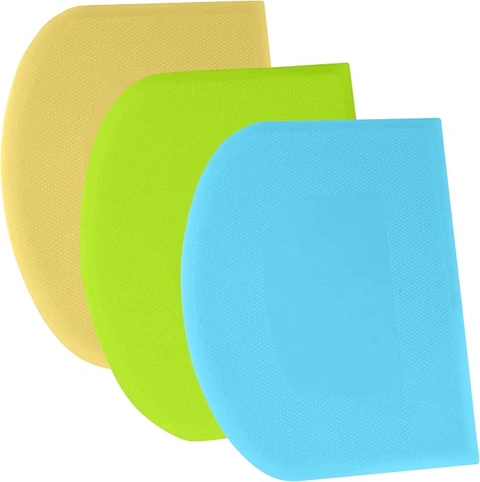SURDOCA Dough Scraper Bench Scraper - 3P 5.9x4.3" Plastic Flexible Bowl Scraper, Sharp Edge & Angles Cake Scraper. Non-Slip Bakeware Decorating Tools Sculpting & Modeling Tools - Blue+Yellow+Green