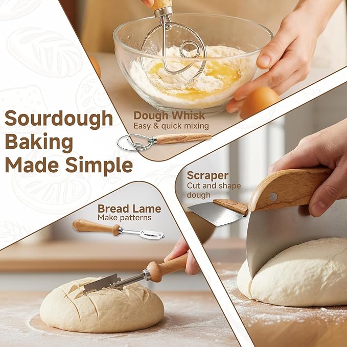Complete Sourdough Starter Kit With Woven Proofing Basket, Sour dough Starter jar, Sourdough Bread Baking Supplies, Bread Making Kit,Perfect for Beginners & Gift