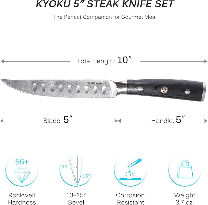 KYOKU Samurai Series - 5" Steak Knives Set of 4 with Sheath & Case - Full Tang - Japanese High Carbon Steel - Pakkawood Handle with Mosaic Pin (Japanese Steak Knife Set)