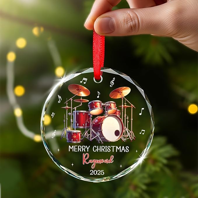 Personalized Drum Glass Ornament Gift for Band Drummer, Musical Instrument Ornament Christmas 2025, Custom Text & Name Drum Player Xmas Glass Keepsake, Instrument Lover Ornaments Christmas Tree Decor