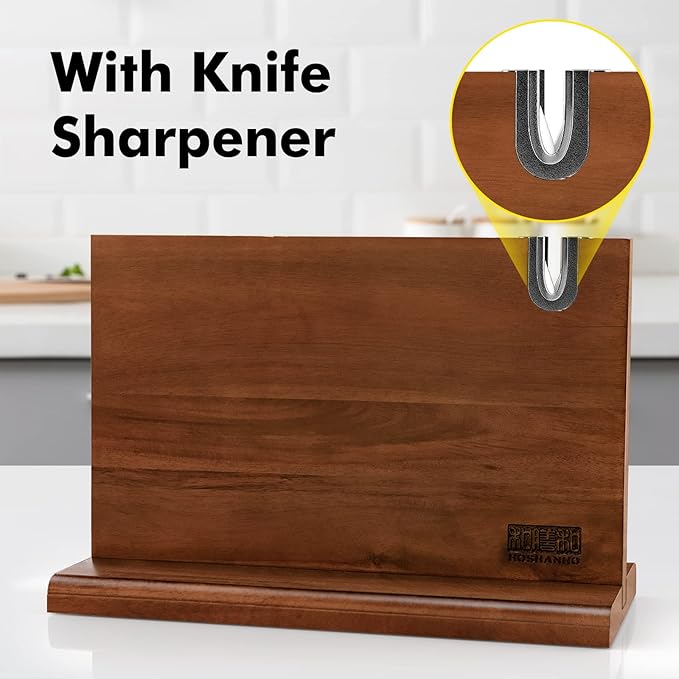HOSHANHO Magnetic Knife Block 14 x 10 Inches, Double Sided Magnetic Knife Holder Rack for Kitchen Counter, Acacia Wood Magnetic Knife Storage Stand with Knife Sharpener