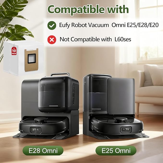 10 Pack Dust Bags Compatible with Eufy E28 Omni/E25 Omni Robot Vacuum, Heavy-Duty 4-Layer Replcement Bags, 3L Large Capacity Disposable Bag