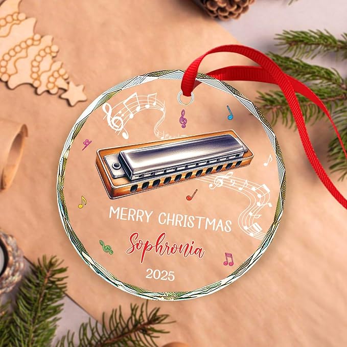 Harmonica Musical Instrument Glass Ornament Xmas 2025, Personalized Text & Name Instrument Christmas Ornament Gifts for Harmonica Player, Musician Xmas Keepsake, Custom Harmonicist Glass Ornaments