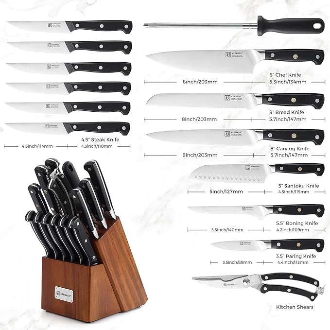 KEEMAKE Knife Block Set, 15Pcs High Carbon Stainless Steel Kitchen Knife Set with Block, Ultra Sharp Knives Set for Kitchen with Knife Sharpener Kitchen Scissors, Forged Chef Knife Set