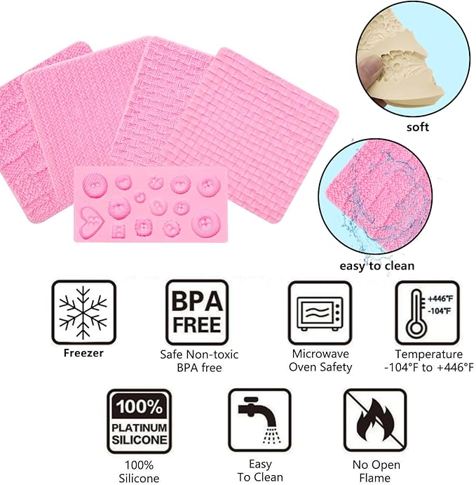 Fondant Impression Mats Molds, Knitting with Button Silicone Chocolate Molds (5 Packs), Sweater Design Knit Impress Texture Stamp Mat for Baby Shower, Birthday Cake Decorating Cupcakes Topper