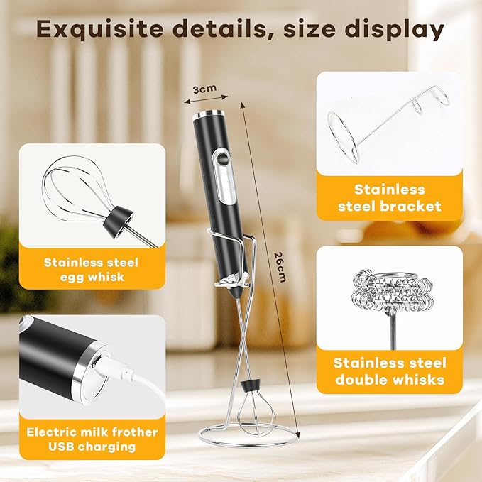 Milk Frother Handheld Rechargeable with Stand, Frother Wand Foam Maker 3 Speed Adjustable Drink Mixer with Detachable Stainless 2 Whisks Electric Coffee Frother Stirrer For Latte, Cappuccino, Egg