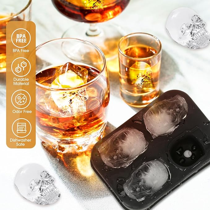 Ice Cube Tray Skull Shaped Silicone Ice Cube Molds Essential Bartender Accessory for Whiskey Cocktail Bourbon Lovers Eco Friendly Ice Cube Tray(2Pcs）
