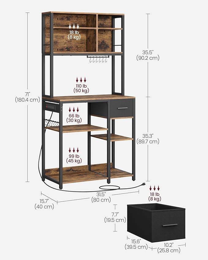 VASAGLE Bakers Rack with Charging Station, Coffee Bar with Adjustable Storage Shelves, Fabric Drawer, 12 Hooks, 15.7 x 31.5 x 71 Inches, Kitchen Microwave Stand, Rustic Brown and Ink Black UKKS015K01