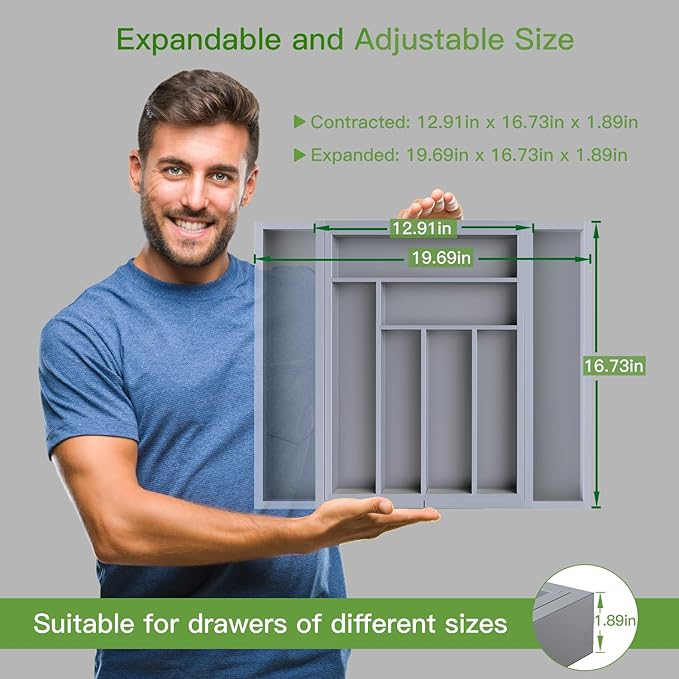 Pipishell Bamboo Expandable Drawer Organizer for Utensils Holder, Adjustable Cutlery Tray, Wood Drawer Dividers Organizer for Silverware, Flatware, Knives in Kitchen, Bedroom, Living Room(Grey)
