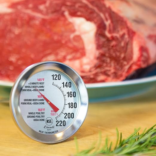 Escali AH1 Stainless Steel Oven Safe Meat Thermometer, Extra Large 2.5-inches Dial, Temperature Labeled for Beef, Poultry, Pork, and Veal Silver NSF Certified