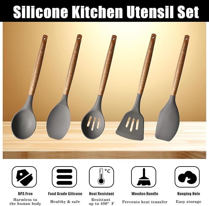 Kitchen Utensils Set, Silicone Cooking Utensils Set,Non-Stick Silicone Spatula Set with Natural Acacia Hard Wood Handle, 5 Piece, Upgraded Thickened Cookware