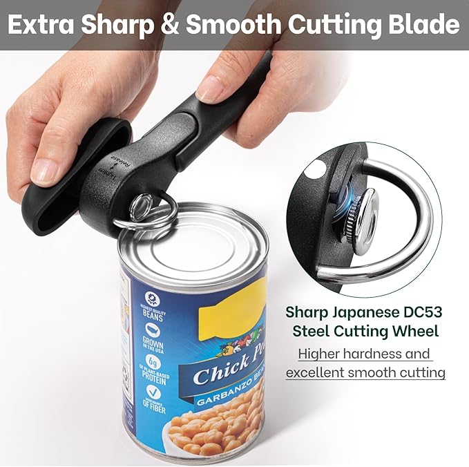 Beneno Can Opener, Safe Side Cut Can Opener Manual Smooth Edge with Smooth Cutting Wheel, Open Cans with no Sharp Edges, Effortless Easy to Turn Knob, Soft Non-Slip Handle, Black
