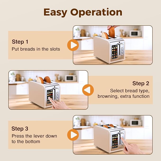 2 Slice Touch Screen Toaster, Stainless Steel Toaster with Wide Slots for Bagels and Bread, Reheat/Defrost/Cancel Functions, Removable Crumb Tray, Cream Color