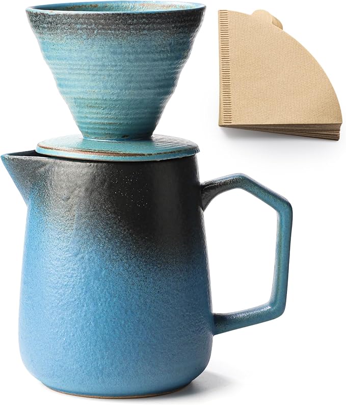 Pour Over Coffee Maker, Blue Ceramic Coffee Dripper 20oz/620ml, with 50 pcs V60 Paper Filter, Drip Coffee Brewer for Home & Café Enthusiasts, Vintage-Style
