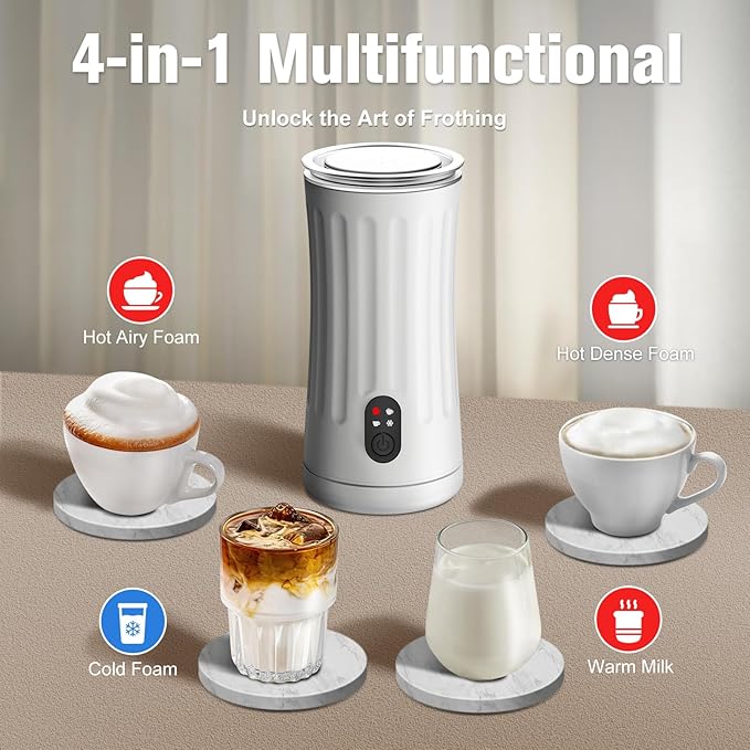 Milk Frother, 4-in-1 Milk Steamer and Frother, 8.1oz/240ml Automatic Warm and Cold Foam Maker, Auto Shut-Off Frother for Coffee, Latte, Cappuccino, Macchiato(White)