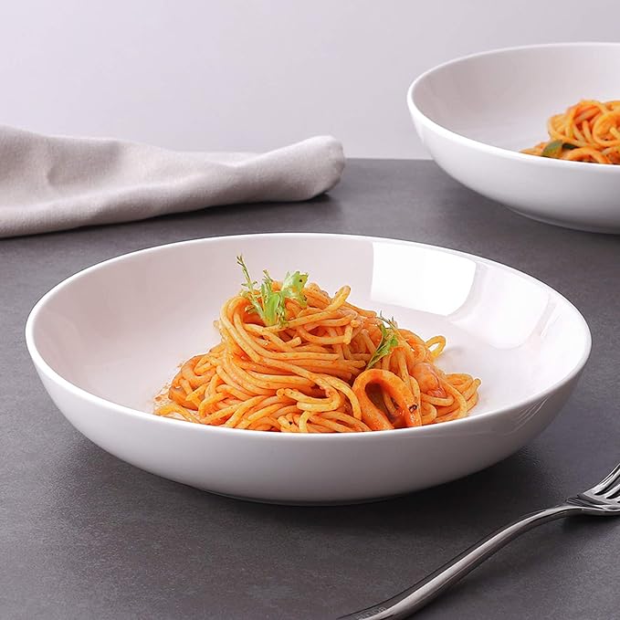 DOWAN 9.75" Pasta Bowls Set of 4, Large Shallow White Ceramic Salad Bowls, 50oz Wide Dinner Bowls for Pasta, Soup, Salad & Stew, Microwave & Dishwasher Safe, Housewarming Gift(Soft White)