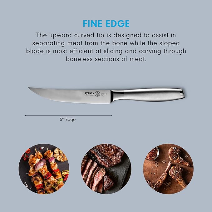 Messermeister Avanta Forged 5” Fine Edge Steak Knife Set - Pack of 2 - German X50 Stainless Steel - Rust Resistant & Easy to Maintain - 8 Steak Knives Total