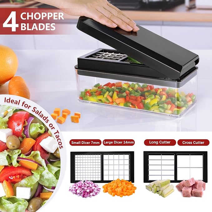 Vegetable Chopper, Onion Chopper Dicer, Mandoline Slicer, Food Chopper with Container, Vegetable Cutter for Salad Potato Carrot Garlic（9 Blades, Black）