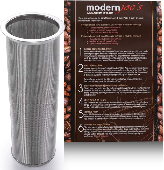 MODERNJOE'S Premium Infuser Cold Brew Coffee Maker for 2 Quart Wide Mouth Mason Jars. Cold Brew Coffee Filter. Perfect for Ice Coffee and Tea. 50 Micron EXTRA Fine Mesh 304 Stainless Steel