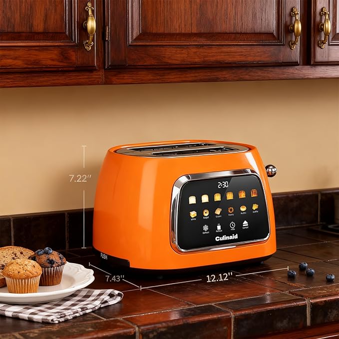 Toaster 2 Slice Smart Touch Screen, Retro 1.5'' Extra Wide Slot Stainless Steel Digital Bread Toaster with Memory Function, Bagel, Defrost, 6 Browning Level and Removable Crumb Tray, Orange