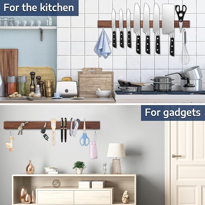 Dmore magnetic knife holder for wall—with 2 hooks, No Drilling 20 Inch walnut knife magnetic strip, Powerful knife magnet rack, include Adhesive Tape and screws for Knives, Utensils, and Tools
