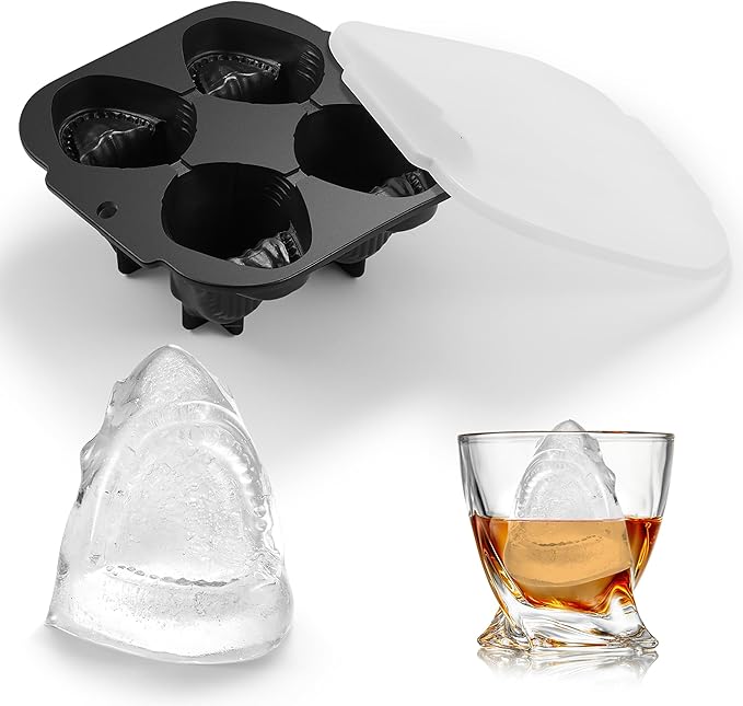 Shark Ice Cube Tray Fun Shapes, Odd Novelty Cute Shark Gifts, 2.2" Large Silicone Whiskey Ice Mold for Cocktails,Bourbon,Brandy, w/Funne