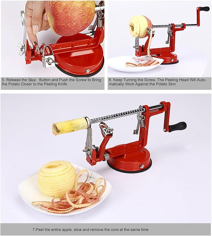Apple Peeler Set, Stainless Steel Apple Peeler Slicer Corer, 3 in 1 Peel the Fruit, Slice it and Small Pieces with Suction Cup Base (Red)